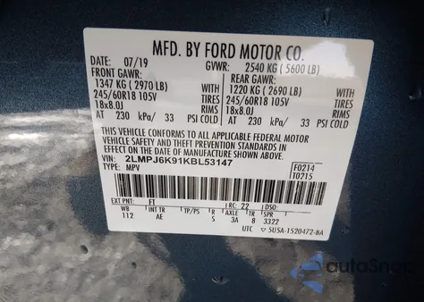 2019 Lincoln Nautilus Select z USA, uszkodzony, nr VIN 2LMPJ6K91KBL53147